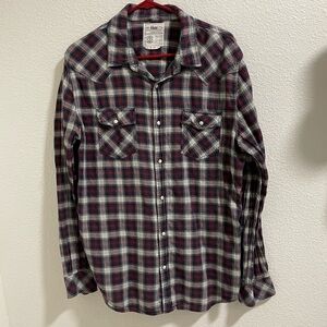 44M Red and Blue Plaid Casual pearl snap flannel Shirt